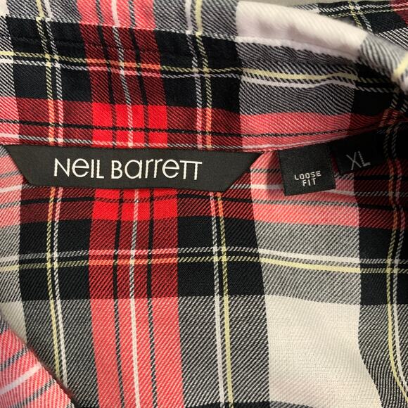NEIL BARRETT Size XL Red Black White Plaid Cotton One Pocket Short Sleeve Shirt - Picture 6 of 8